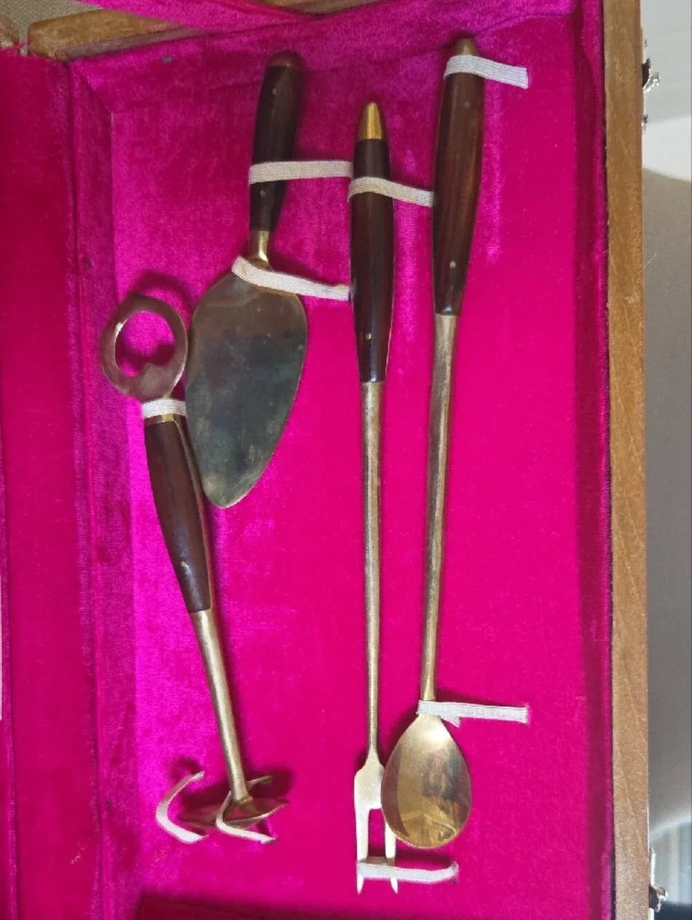 Vintage Thailand Bronze Bar Tool Set - Pink Lining